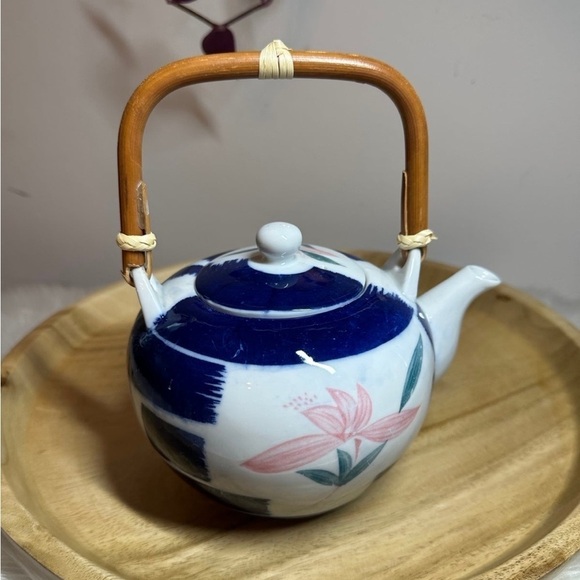 Pier 1 Floral Asian Porcelain Teapot with Bamboo Handle - Picture 3 of 5